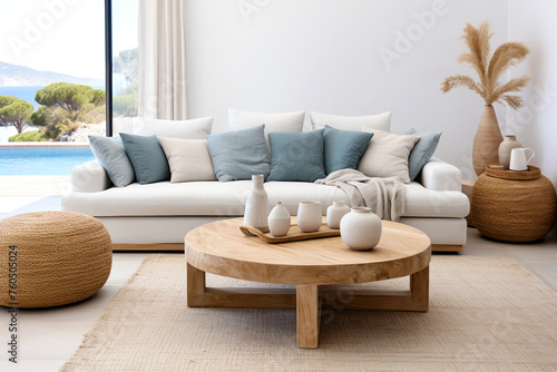 Coastal interior design of modern living room, home. Round wooden coffee table, wicker pouf near white sofa with blue pillows against window and white wall with copy space.