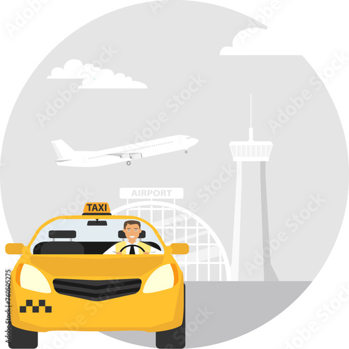Taxi transfer to the airport. Delivery of passengers to the airport by taxi. Vector, design illustration. Vector.
