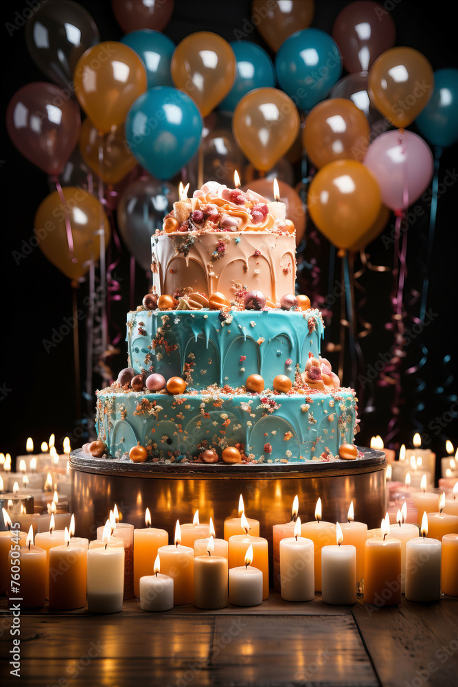 Layered Birthday cake surrounded with candles and balloons in background.