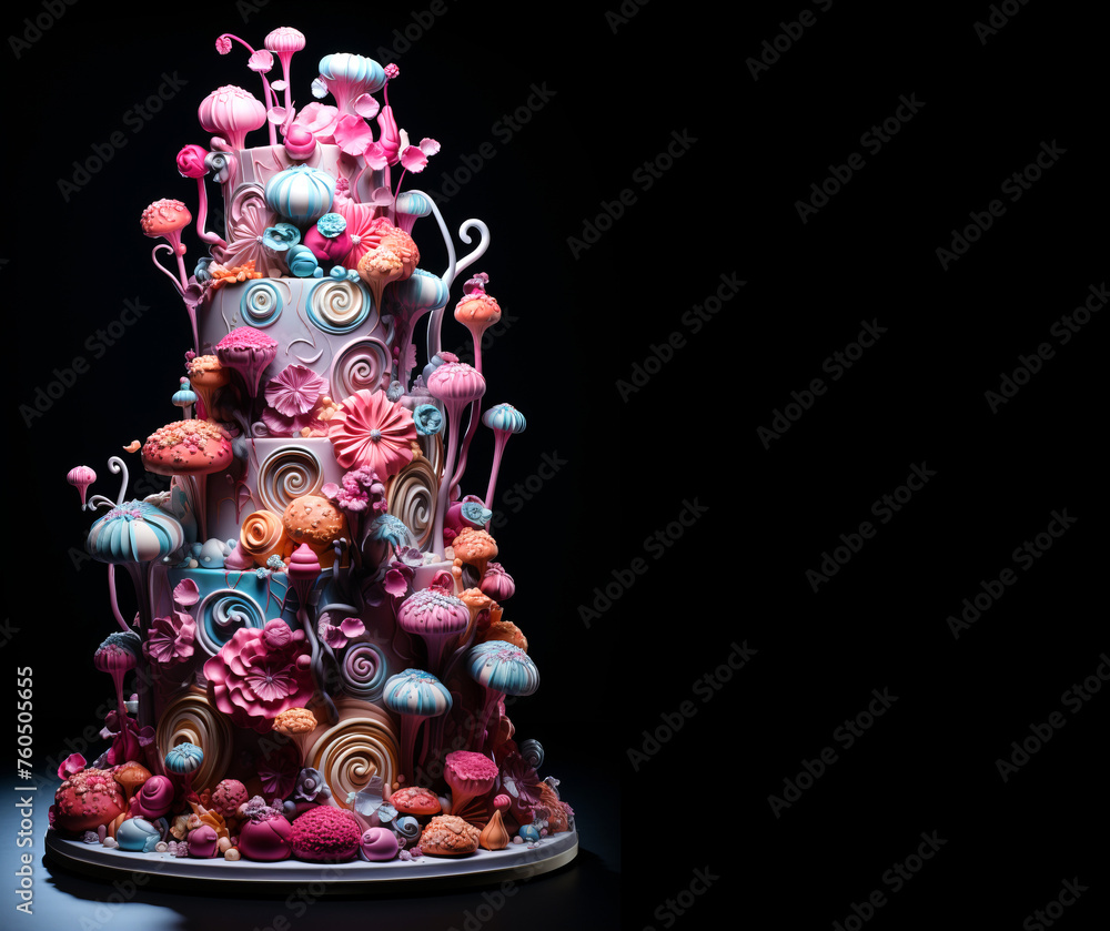 A visually stunning birthday cake adorned with whimsical decorations isolated on black background with copy space.