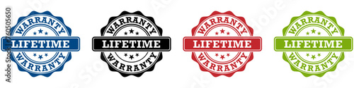 Set of lifetime warranty stamp in blue, black, red and green color icons. Symbols for business, package, web or app.