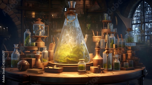  a medieval alchemist's laboratory with parchment scrolls, bubbling potions, and mysterious glowing vials
