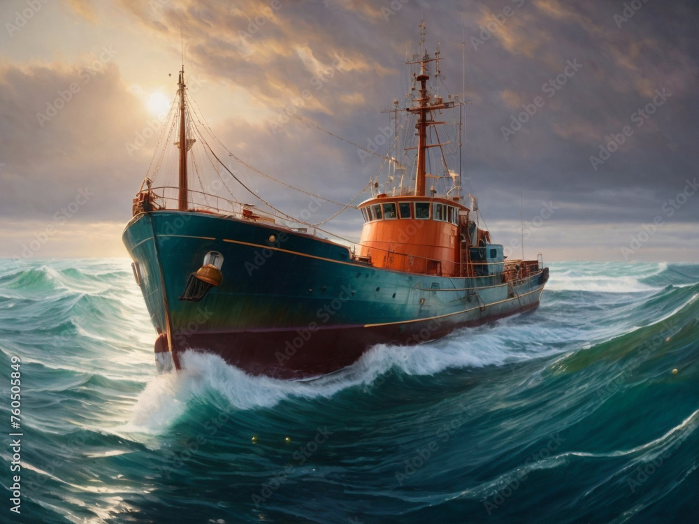 Fototapeta premium A shimmering daunting temporal trawler its sleek metal