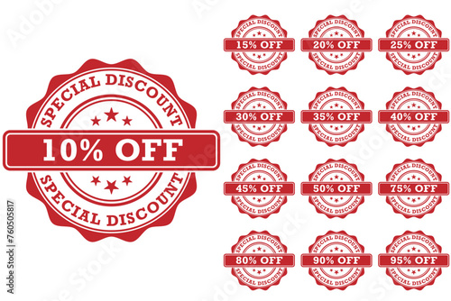 Set of special discount in red color icons. 10 15 20 25 30 35 40 45 50 75 80 90 95 percent off. photo
