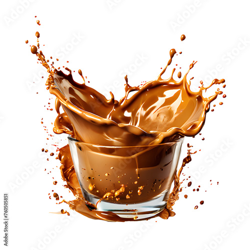 plash of cofee and drops of cofee scattered.Chocolate cup splashes isolated on transparent background. Coffee with cream, hot beverage cup, PNG, Generative AI