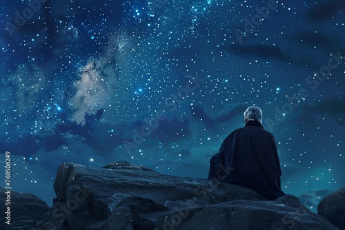 A man seated on a rock under a starry sky, deep in thought and contemplation of the universe. Generative AI