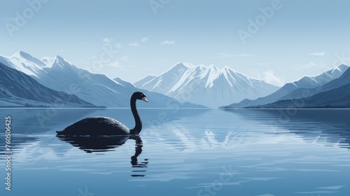 Tranquil lake landscape with a graceful black swan peacefully floating, enhancing the serene beauty © Aliaksandra