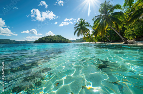 A tropical paradise with lush green palm trees, turquoise water and white sandy beaches. The sun is shining brightly over the blue sky in a beautiful summer day