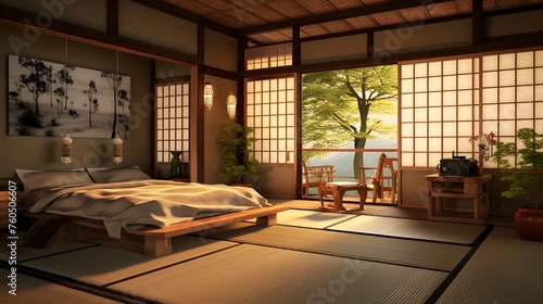  a traditional Japanese ryokan guest room with tatami mat flooring, shoji screens, and low wooden furniture 