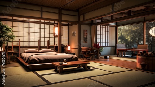  a traditional Japanese ryokan guest room with tatami mat flooring, shoji screens, and low wooden furniture 