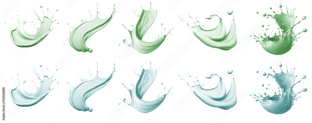 Fototapeta premium 2 Set of pastel green turquoise blue cream liquid paint ink splash swirl wave on transparent background cutout, PNG file. Many assorted different design. Mockup template for artwork graphic design