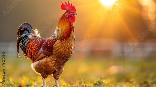 Majestic rooster crowing at sunrise on a picturesque rural farmstead, creating a serene dawn scene photo