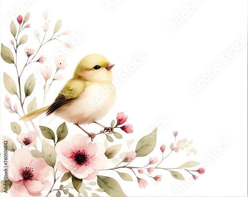 Watercolor painting of bird perched among blooming flowers for frame, corner and border invitation © monkik.