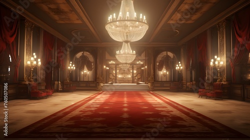  a Victorian ballroom with crystal chandeliers, ornate mirrors, and grand velvet curtains 