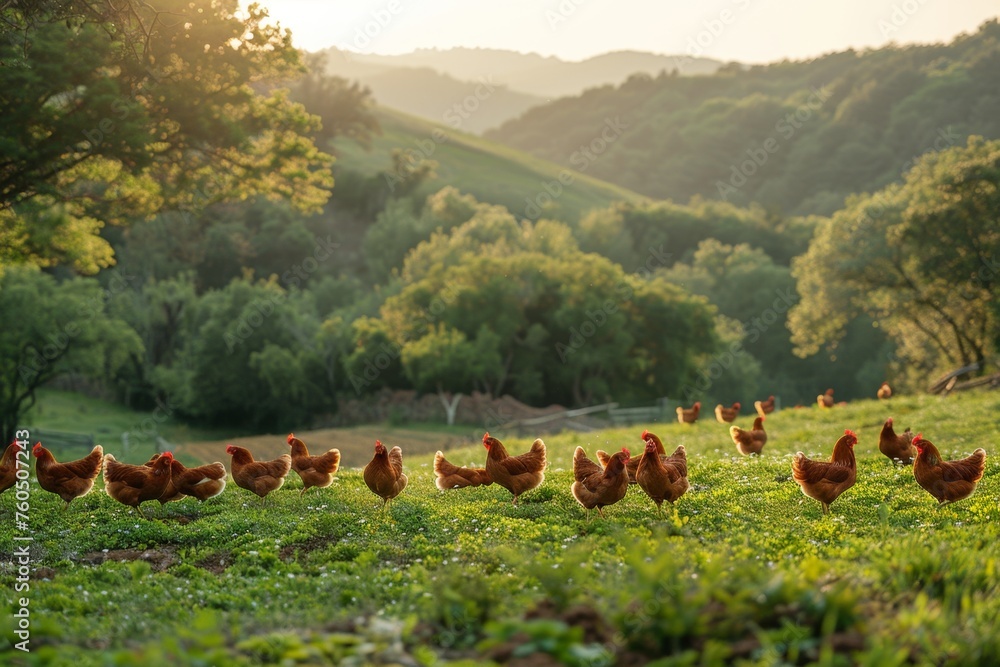 Fototapeta premium A flock of Organic Free Range wild Brown Chickens on a traditional poultry farm walking on a Grass field at sunset with the background of a natural tree. 