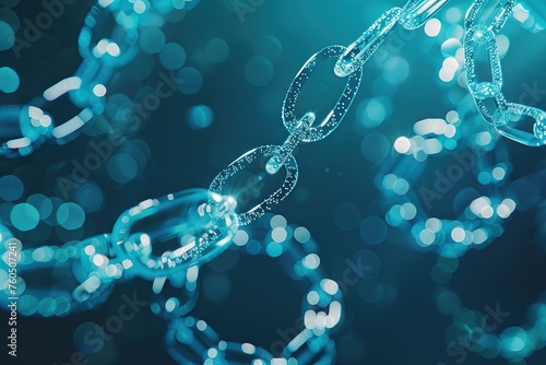 Blockchain with floating interconnected chains. Blue background. Technology