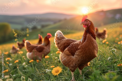 A flock of Organic Free Range wild Brown Chickens on a traditional poultry farm walking on a Grass field at sunset with the background of a natural tree.  photo