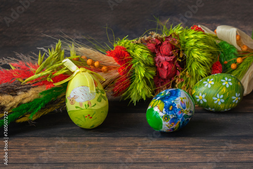 Easter. Colorful Easter eggs and Easter palm