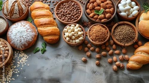 Ingredients for bakery on the dark culinary background. 