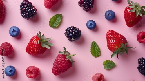 Delicious assortment of berries scattered on pink background, perfect for food blogs and healthy eating promotions. vibrant, fresh, and natural. AI