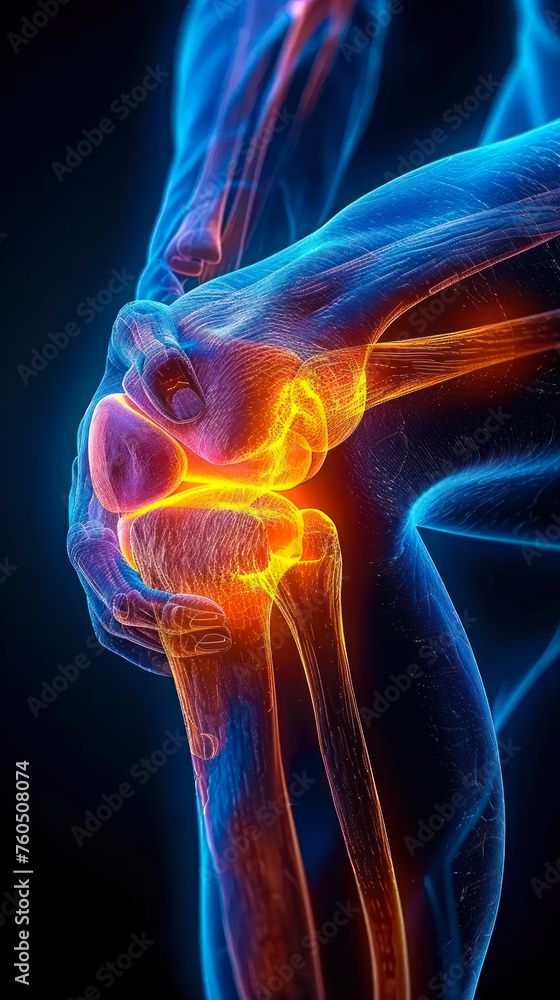 Medical visualization of a human knee joint glowing with heat to indicate pain or inflammation, highlighting orthopedic health and anatomical studies Medical visualization of a human knee joint glowing with heat to indicate pain or inflammation, highlighting orthopedic health and anatomical studies