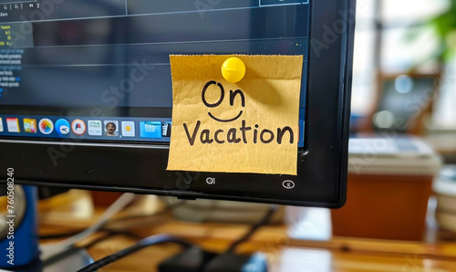 Handwritten On Vacation Sticky Note with Smiley Face Attached to a Computer Monitor, Signifying Office Break Time #760508240