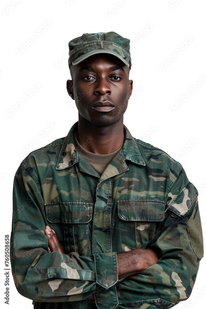 Portrait of a black man in military camouflage uniform isolated on a white background as transparent PNG

