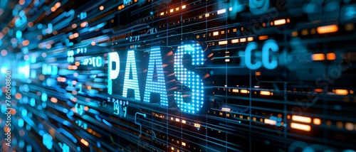 Digital blue matrix binary code forms the acronym PaaS , symbolizing the concept of Platform as a Service. 