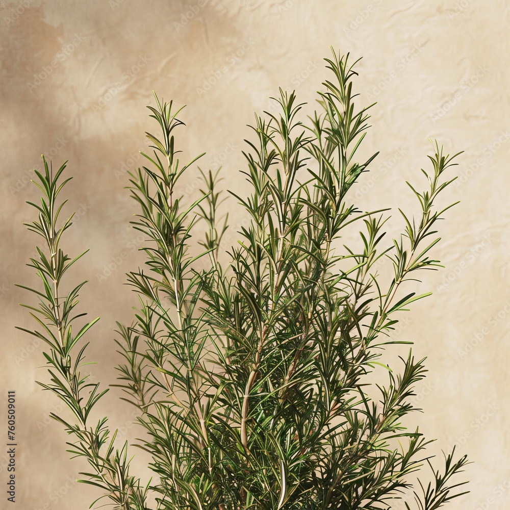 Fototapeta premium Rosemary plant, isolated, beige background, close-up, daylight, minimalism, dream-like quality, high resolution, epic details, natural lighting, eco color palette, photography, copy space