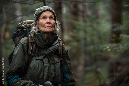 professionalal photograph of a senior woman hiking, appalachian trail, deep dark forest