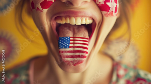 open mouth and protruding tongue, national flag of America painted, girl smiling, ability to speak