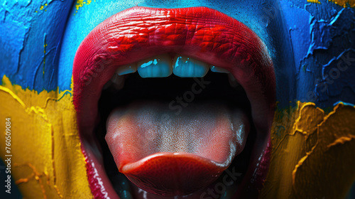 close-up, open mouth and protruding tongue, face and cheeks painted yellow and blue, screaming, vomiting, speaking, photo