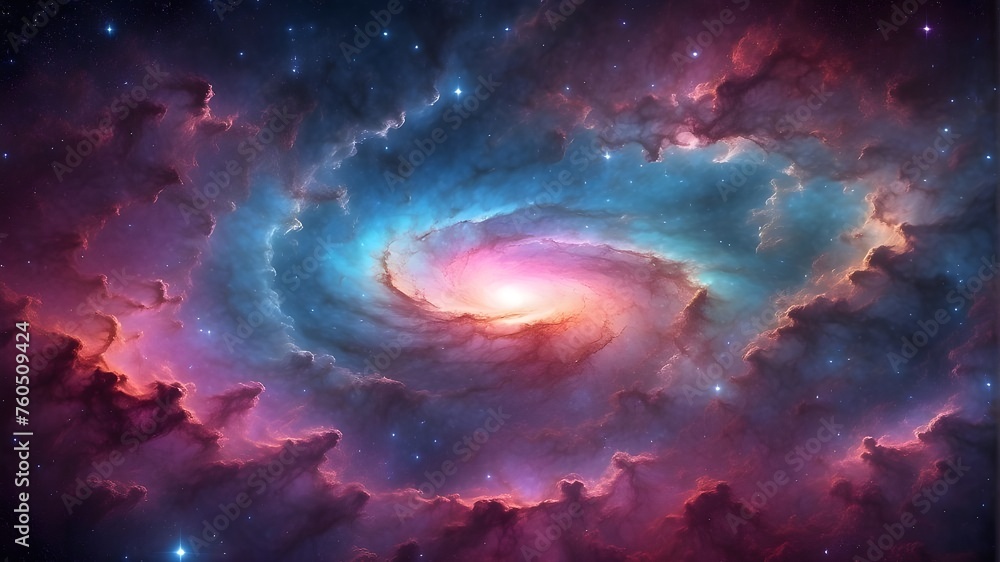 Vibrant cosmic cloud nebula in space captured in an HDRI panorama. Starry, night sky. Astronomy and universe science. Nebulae, galaxies, and supernova backdrop wallpaper in space. 