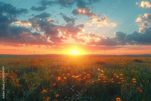 Wind farm field and sunset sky.