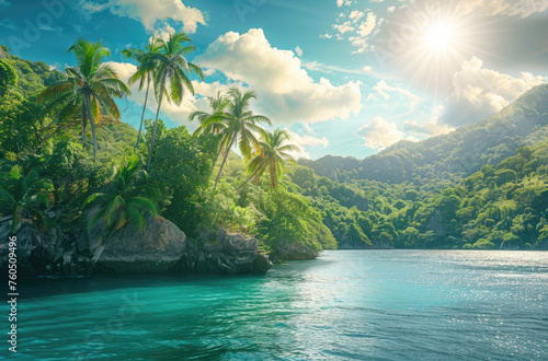 A tropical paradise with lush green palm trees  turquoise water and white sandy beaches. The sun is shining brightly over the blue sky in a beautiful summer day