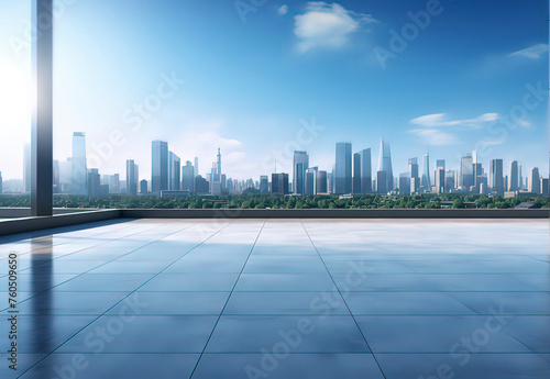 Empty squares and urban skylines. AI technology generated image