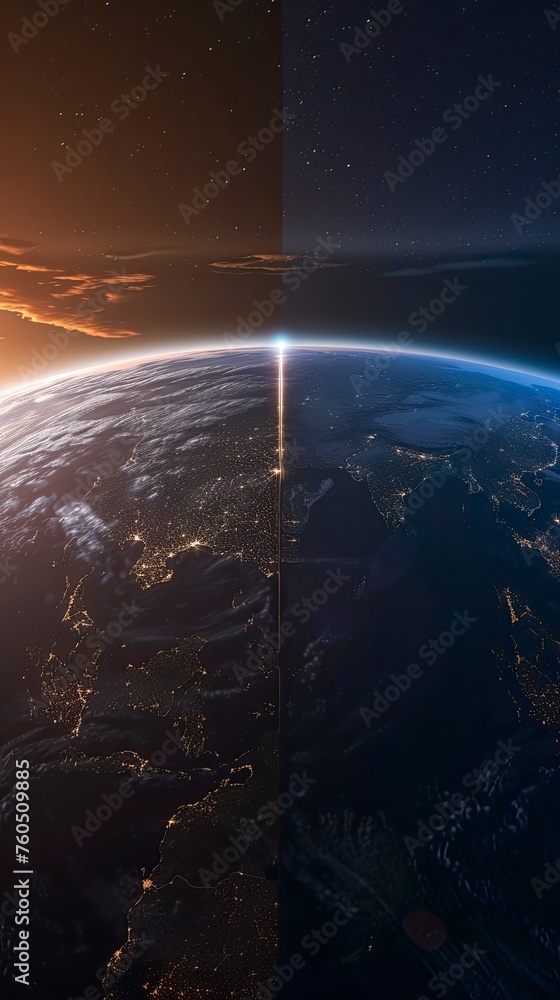 Images of the Earth's rotation, alternating day and night, show the natural phenomena of the Earth, Front view, depth of field control method with generative ai