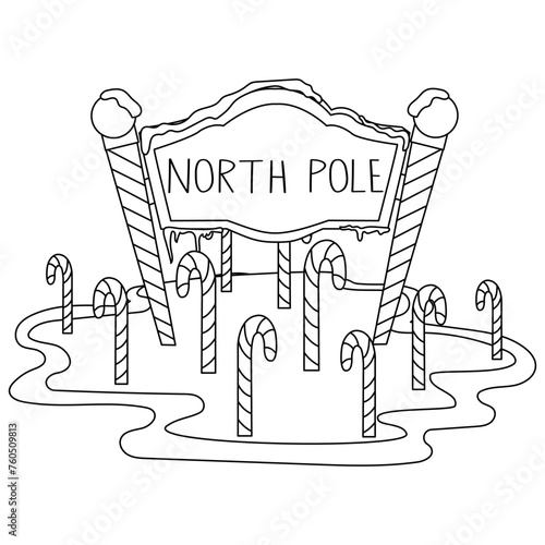 Coloring page with candy cane forest. Black and white Christmas illustration. Line drawn North Pole. Isolated on white.