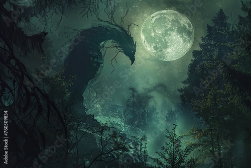 A mythical creature rises among the trees, silhouetted by a glowing full moon in a dark, enchanted forest. Generative AI