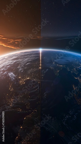 Images of the Earth's rotation, alternating day and night, show the natural phenomena of the Earth, Front view, depth of field control method with generative ai © MUdaylah