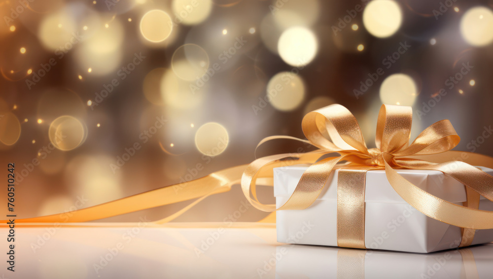 Sparkling Red Christmas Gift Box with Bow in Festive Bokeh Background Sparkling Red Christmas Gift Box with Bow in Festive Bokeh Background