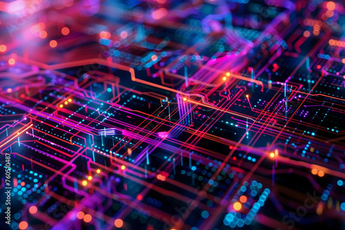 A close-up perspective of an artificial intelligence system generating complex algorithms in a digital workspace, with vibrant lines and patterns symbolizing the flow of data and i