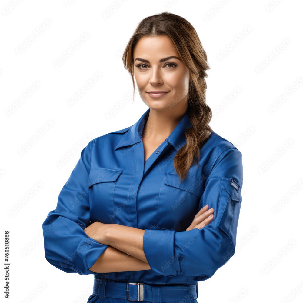portrait of a young woman stands confidently wearing a professional mechanics uniform, isolated cut-out object with on transparent background, PNG file portrait of a young woman stands confidently wearing a professional mechanics uniform, isolated cut-out object with on transparent background, PNG file
