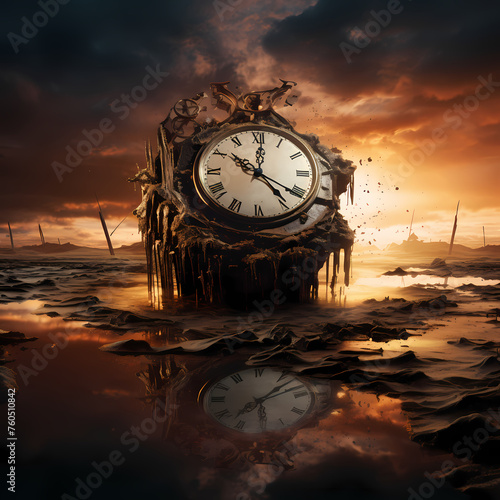 Surreal scene of a clock melting in a dreamlike setting