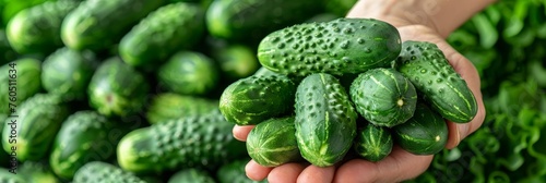 Freshly picked cucumber held in hand  assorted cucumbers on blurred background with space for text