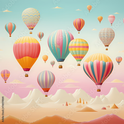 Whimsical hot air balloons against a pastel sky.