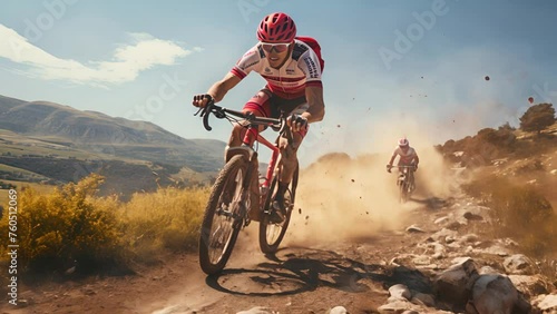 man Caucasian male cyclist riding e-bike electric bicycle outdoor in mountain range at the gorge or ridge in front of his friends wear protective helmet and eyeglasses in sunny day photo