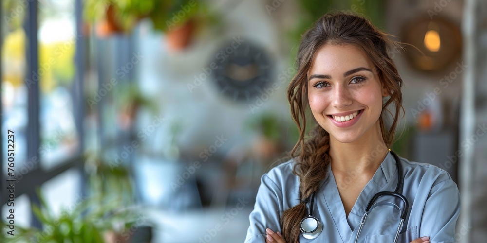 custom made wallpaper toronto digitalA happy and confident young physician, a woman in a hospital, exuding professionalism and positivity.