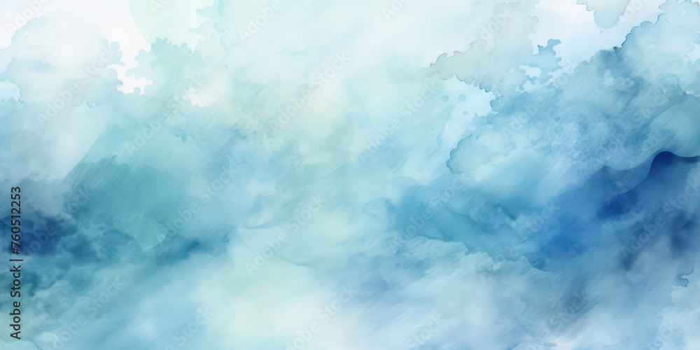 Abstract Blue Textured Watercolor Background: A Grunge Design on White Paper with Light Blue Water Stain, Splash, and Paint Artistic Vintage Brush. Soft Clouds Brighten the Gradient Ink Illustration