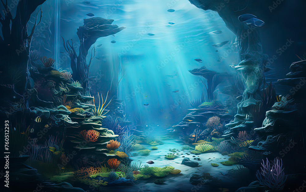 Obraz premium Sunlight shining on coral reefs on the seabed. AI technology generated image